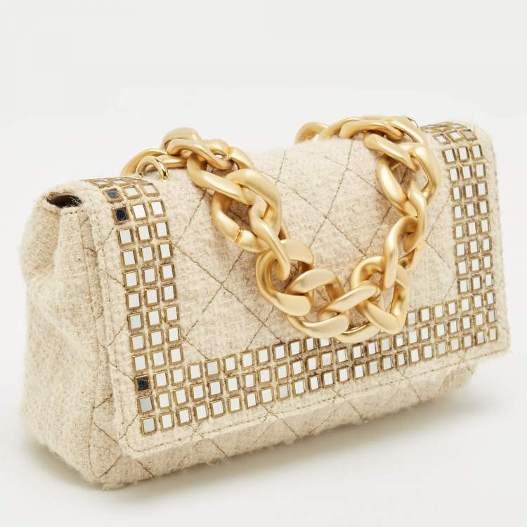 Pre Owned Moschino Cream Quilted Tweed Mirror Embellished Chain Shoulder Bag