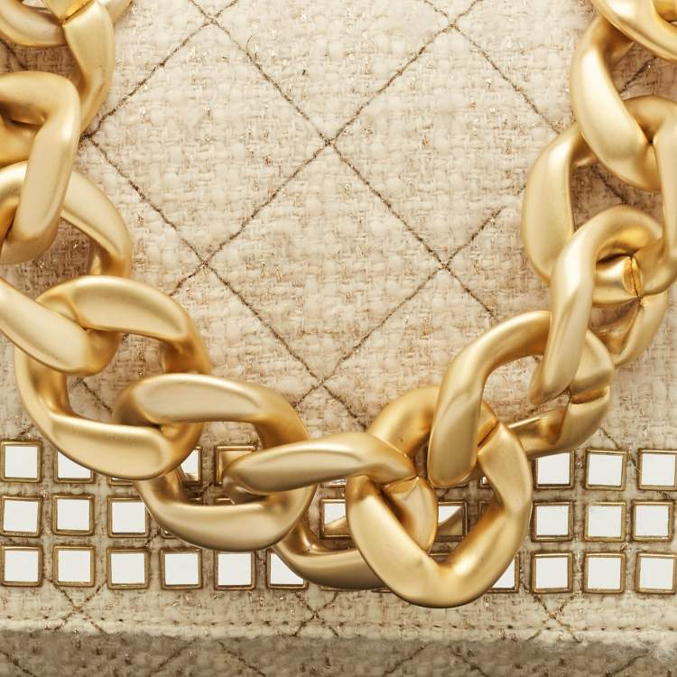 Pre Owned Moschino Cream Quilted Tweed Mirror Embellished Chain Shoulder Bag