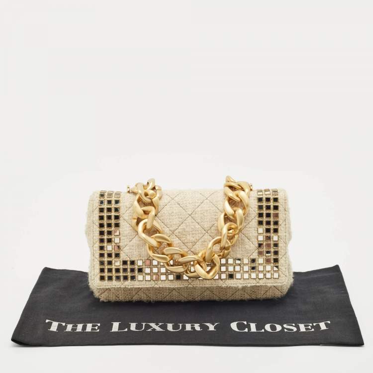 Pre Owned Moschino Cream Quilted Tweed Mirror Embellished Chain Shoulder Bag