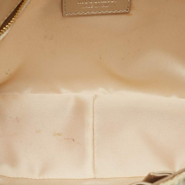 Pre Owned Moschino Cream Quilted Tweed Mirror Embellished Chain Shoulder Bag