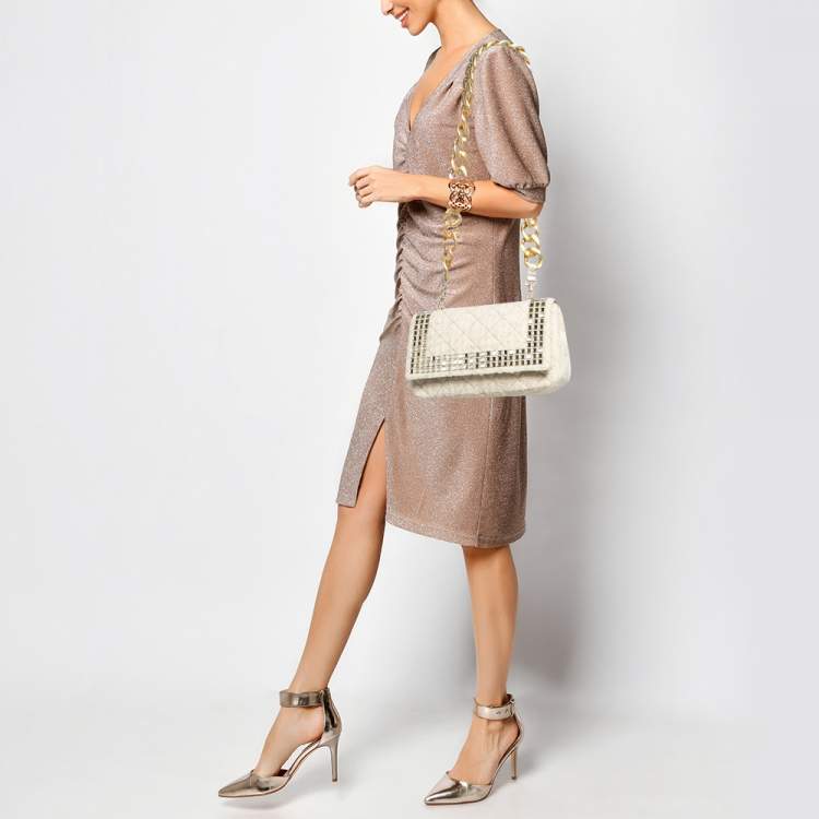 Pre Owned Moschino Cream Quilted Tweed Mirror Embellished Chain Shoulder Bag