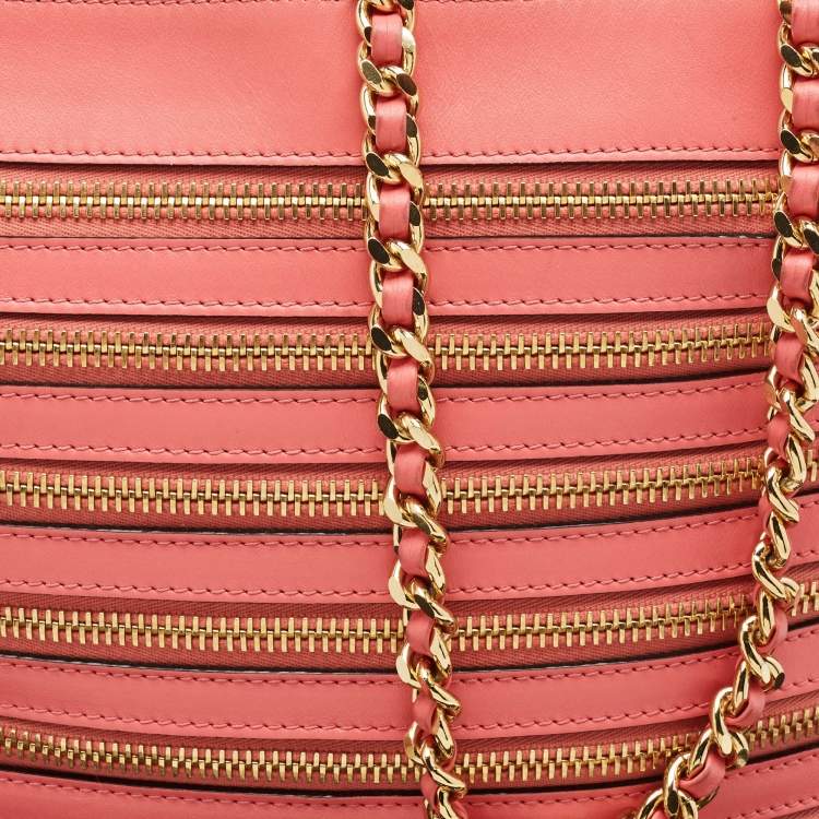 Pre Owned Moschino Dark Pink Leather Multi Zip Shoulder Bag