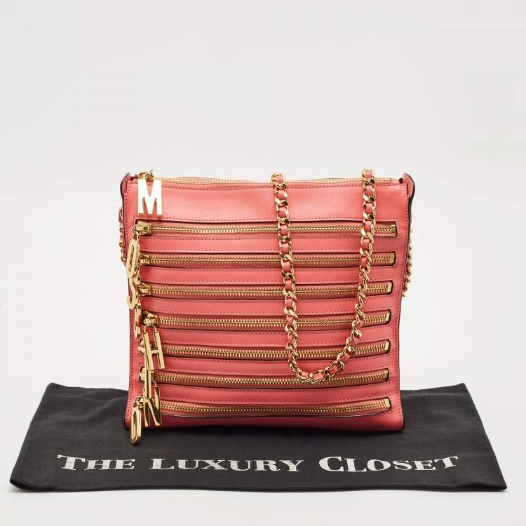 Pre Owned Moschino Dark Pink Leather Multi Zip Shoulder Bag