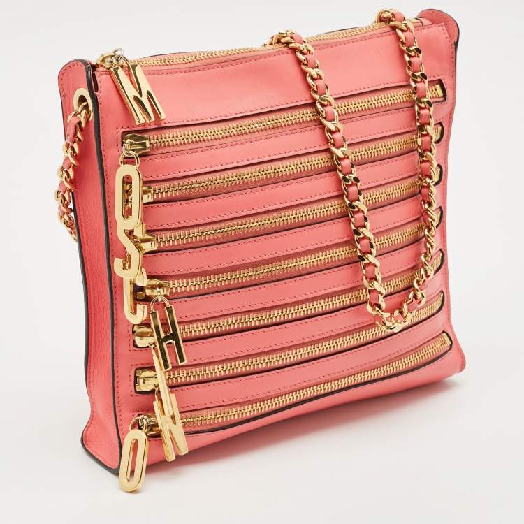 Pre Owned Moschino Dark Pink Leather Multi Zip Shoulder Bag