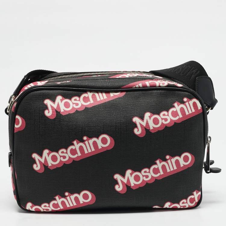 Pre Owned Moschino Black/Pink Coated Canvas and Leather Barbie Logo Crossbody Bag