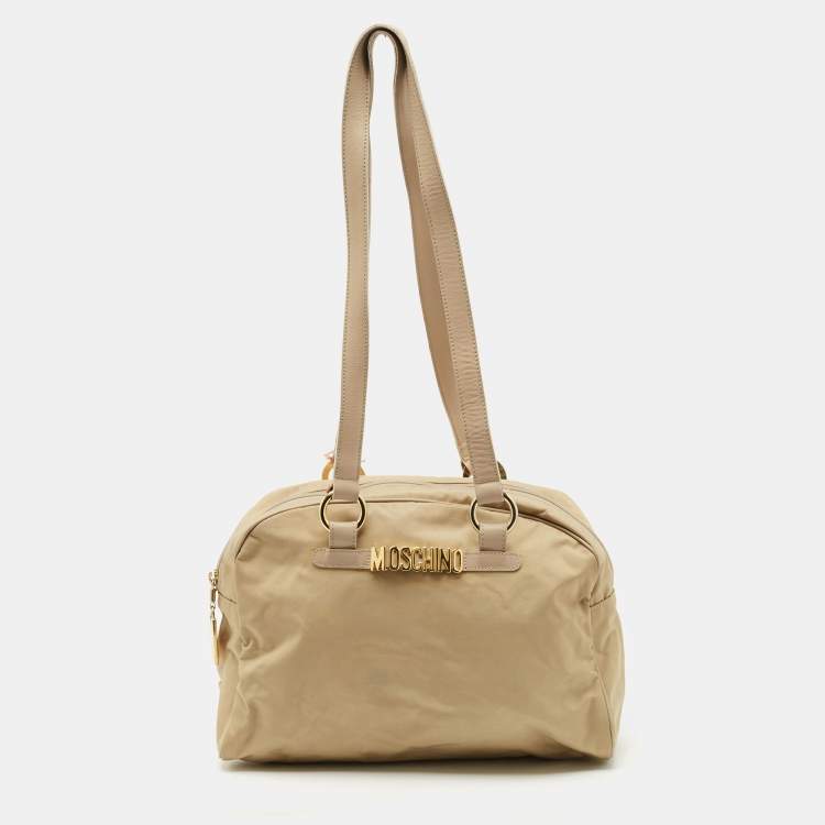 Pre Owned Moschino Beige Fabric Logo Long Handle Satchel