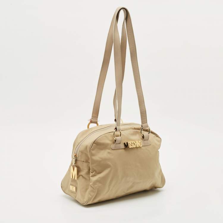 Pre Owned Moschino Beige Fabric Logo Long Handle Satchel