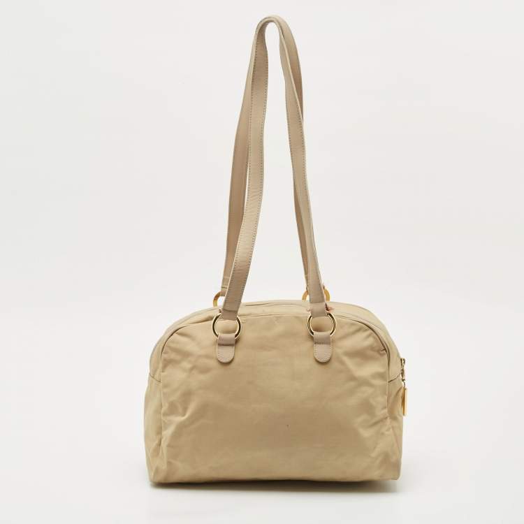 Pre Owned Moschino Beige Fabric Logo Long Handle Satchel