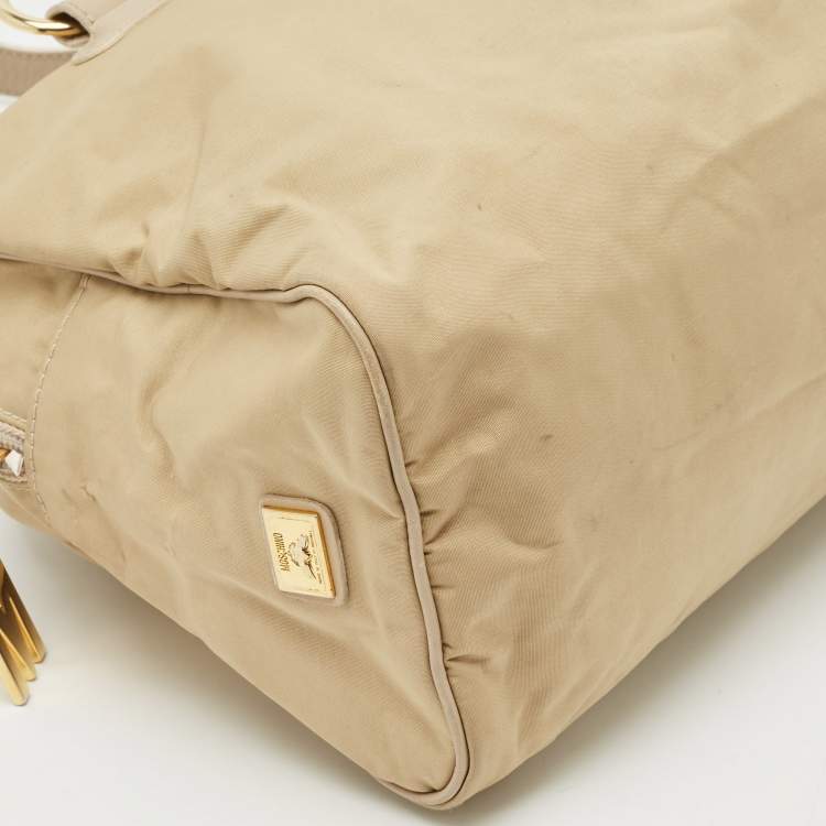 Pre Owned Moschino Beige Fabric Logo Long Handle Satchel