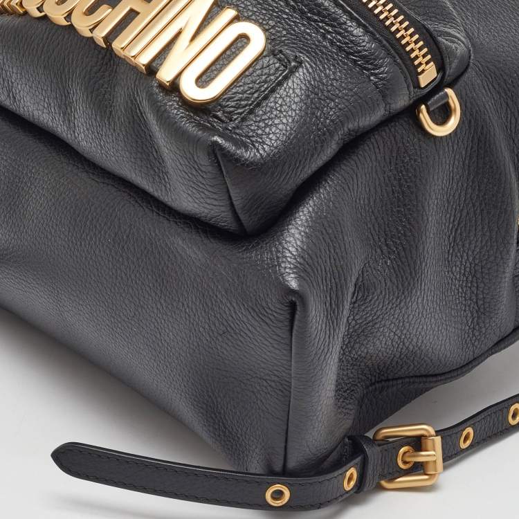 Pre Owned Moschino Black Leather Logo Backpack