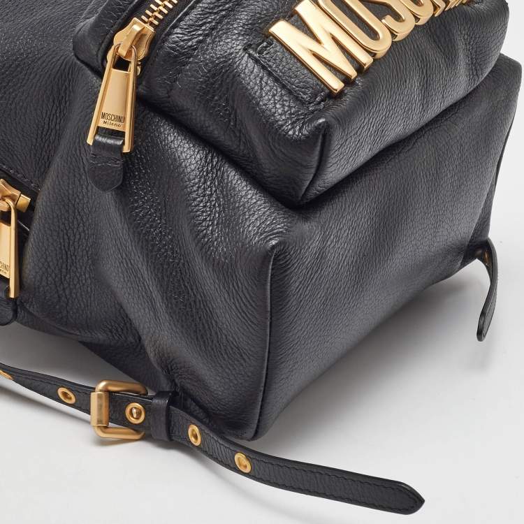Pre Owned Moschino Black Leather Logo Backpack