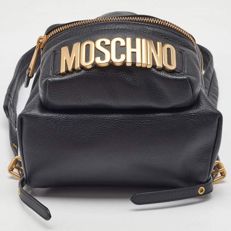 Pre Owned Moschino Black Leather Logo Backpack