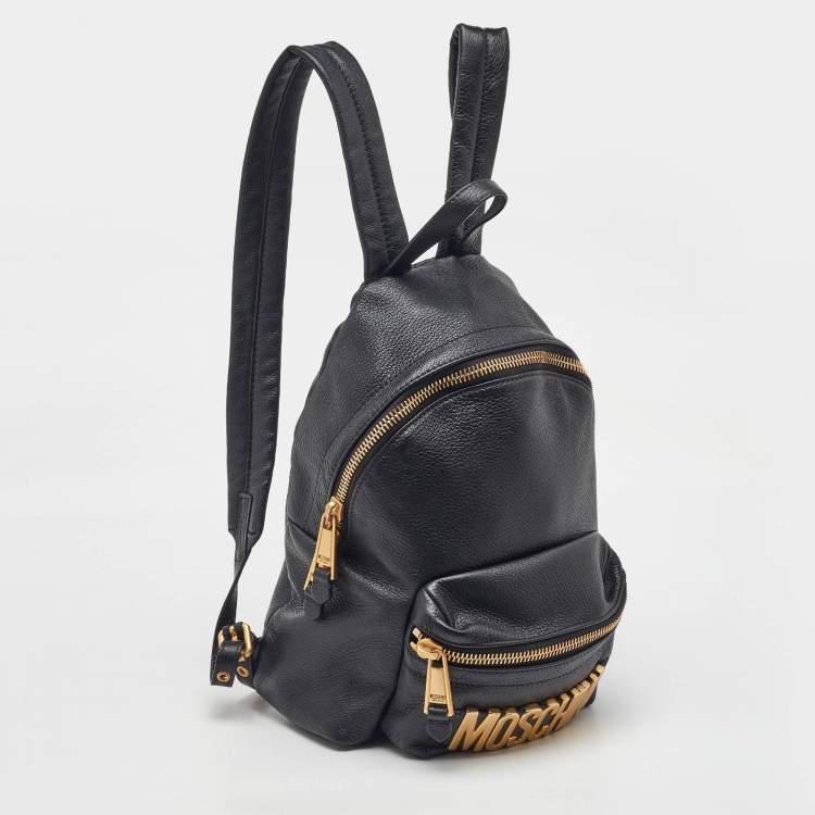 Pre Owned Moschino Black Leather Logo Backpack