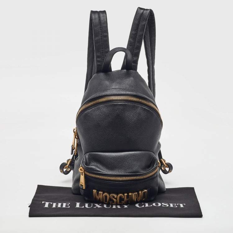 Pre Owned Moschino Black Leather Logo Backpack