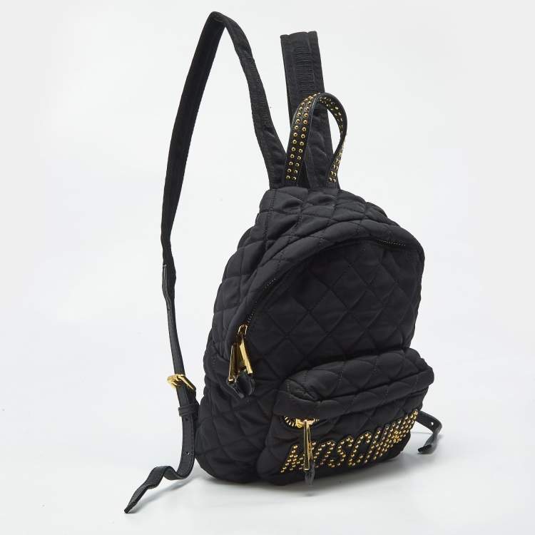 Pre Owned Moschino Black Quilted Nylon and Leather Studded Classic Logo Backpack