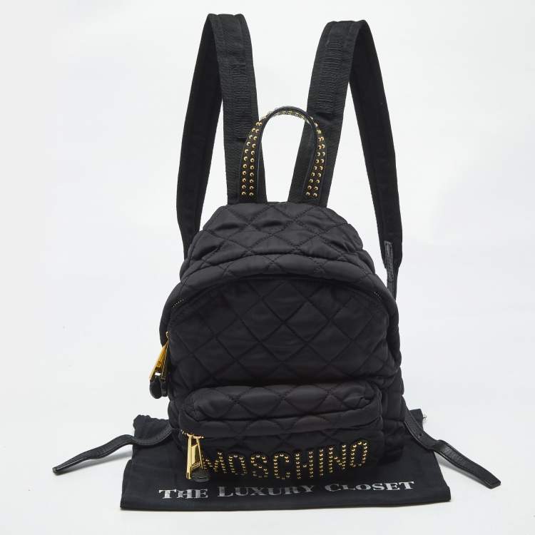 Pre Owned Moschino Black Quilted Nylon and Leather Studded Classic Logo Backpack