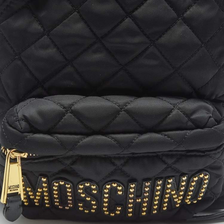Pre Owned Moschino Black Quilted Nylon and Leather Studded Classic Logo Backpack