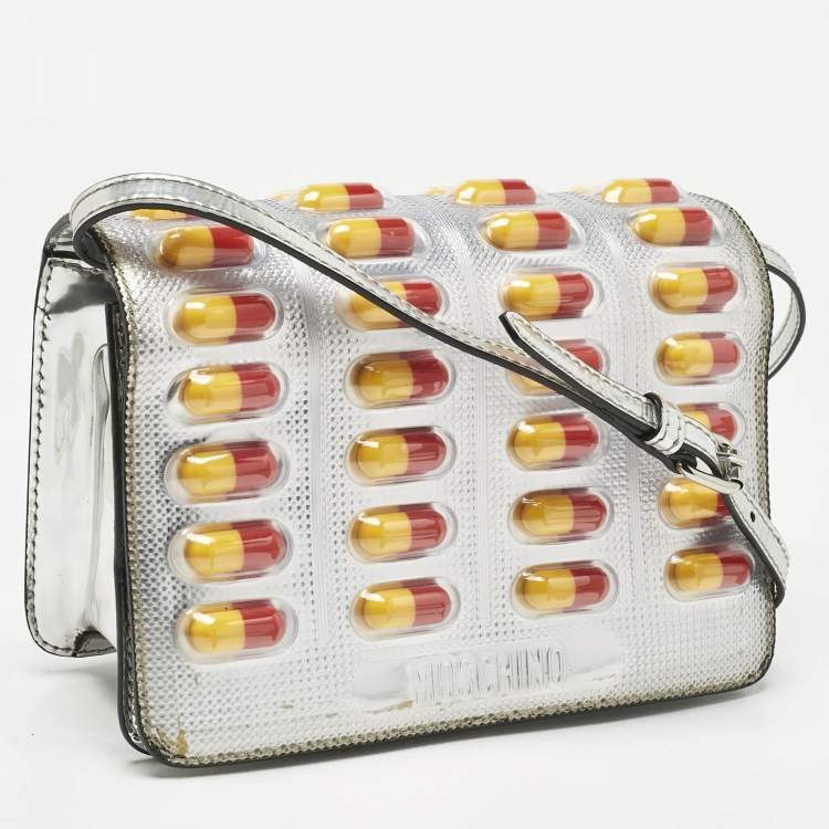 Pre Owned Moschino Silver Patent Leather and PVC Pill Pack Crossbody Bag