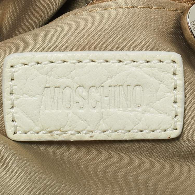 Pre Owned Moschino White/Cream Signature Fabric and Leather Zip Satchel