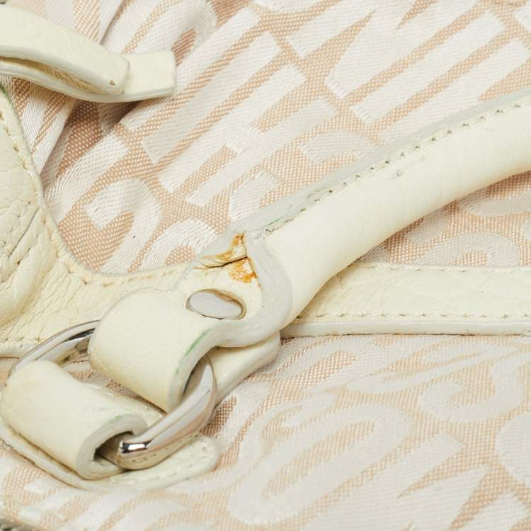 Pre Owned Moschino White/Cream Signature Fabric and Leather Zip Satchel
