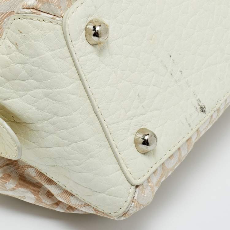 Pre Owned Moschino White/Cream Signature Fabric and Leather Zip Satchel