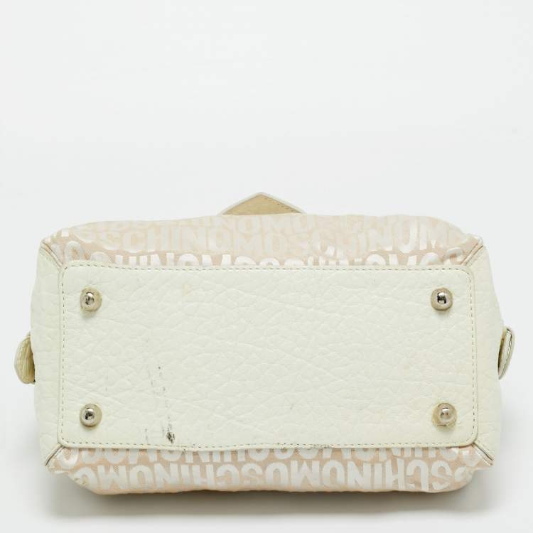 Pre Owned Moschino White/Cream Signature Fabric and Leather Zip Satchel