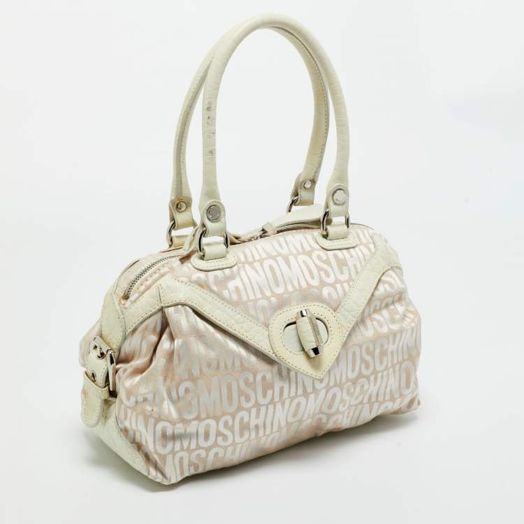 Pre Owned Moschino White/Cream Signature Fabric and Leather Zip Satchel