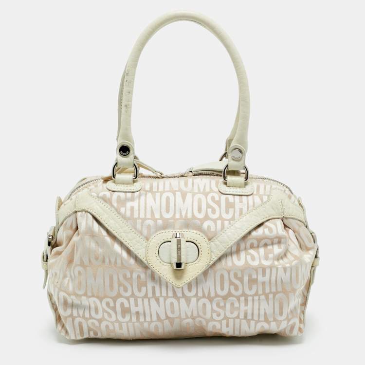 Pre Owned Moschino White/Cream Signature Fabric and Leather Zip Satchel