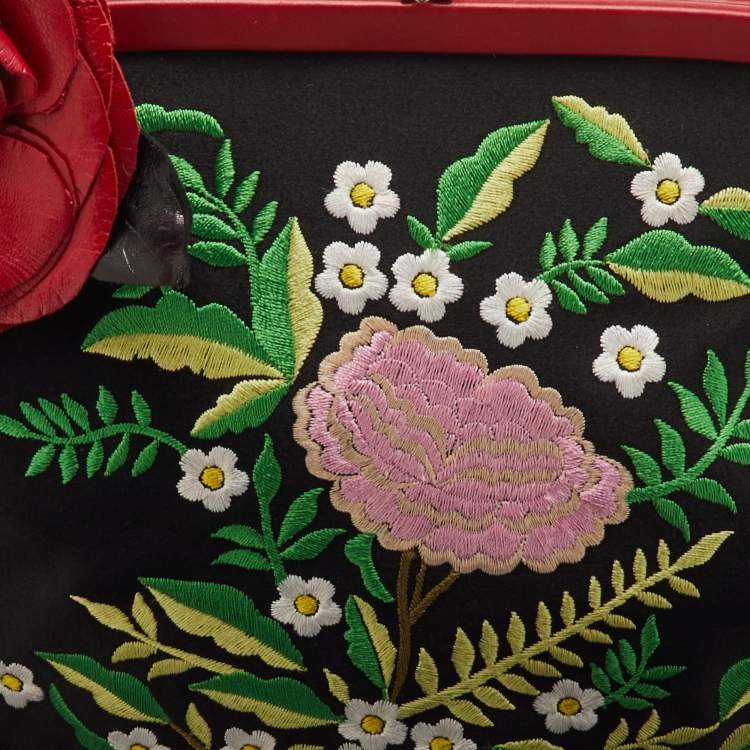Pre Owned Moschino Black/Red Satin and Leather Tassel Floral Embroidered Shoulder Bag