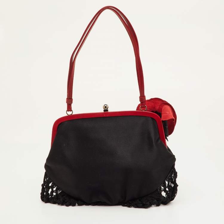 Pre Owned Moschino Black/Red Satin and Leather Tassel Floral Embroidered Shoulder Bag
