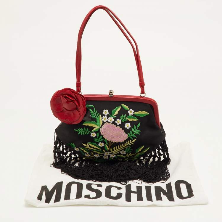 Pre Owned Moschino Black/Red Satin and Leather Tassel Floral Embroidered Shoulder Bag