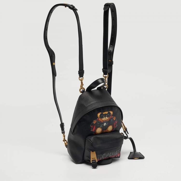 Pre Owned Moschino Jeremy Scott Bat Teddy Bear Mini Black Coated Canvas Backpack
