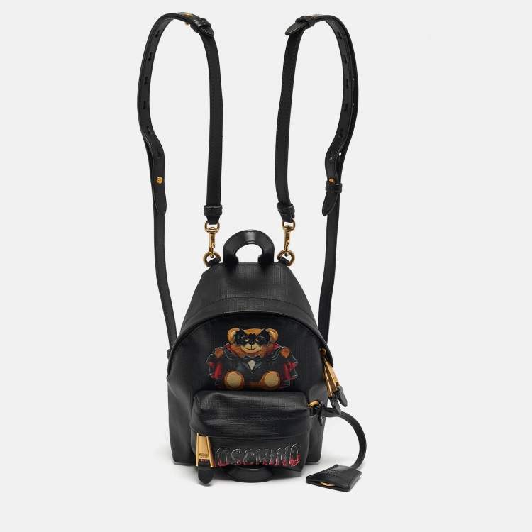 Pre Owned Moschino Jeremy Scott Bat Teddy Bear Mini Black Coated Canvas Backpack