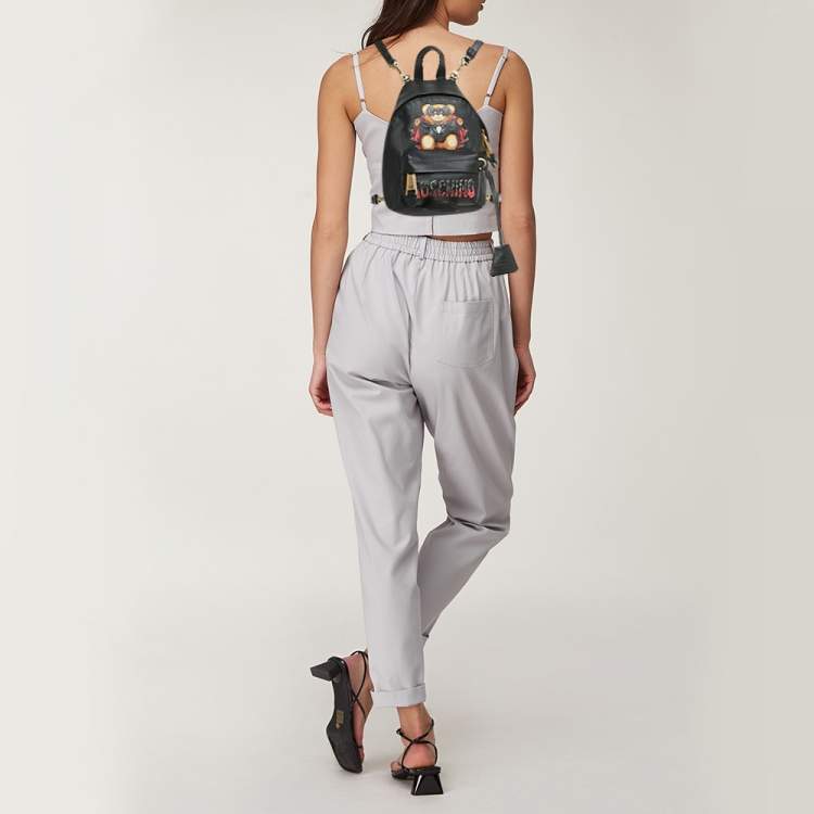 Pre Owned Moschino Jeremy Scott Bat Teddy Bear Mini Black Coated Canvas Backpack