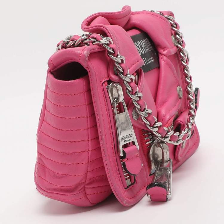 Pre Owned Moschino Capsule Biker Pink Leather Crossbody Bag