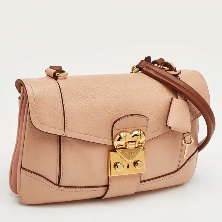 Pre Owned Moschino Hidden Lock Beige/Brown Leather Shoulder Bag