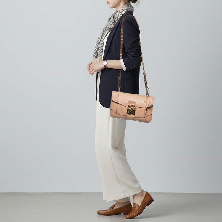 Pre Owned Moschino Hidden Lock Beige/Brown Leather Shoulder Bag