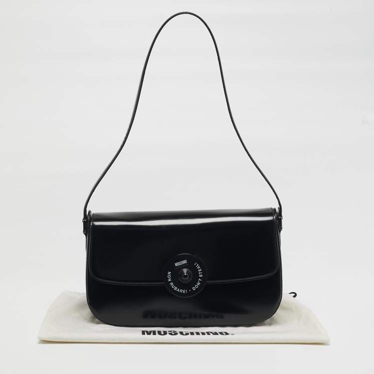 Pre Owned Moschino Black Glossy Leather Flap Shoulder Bag