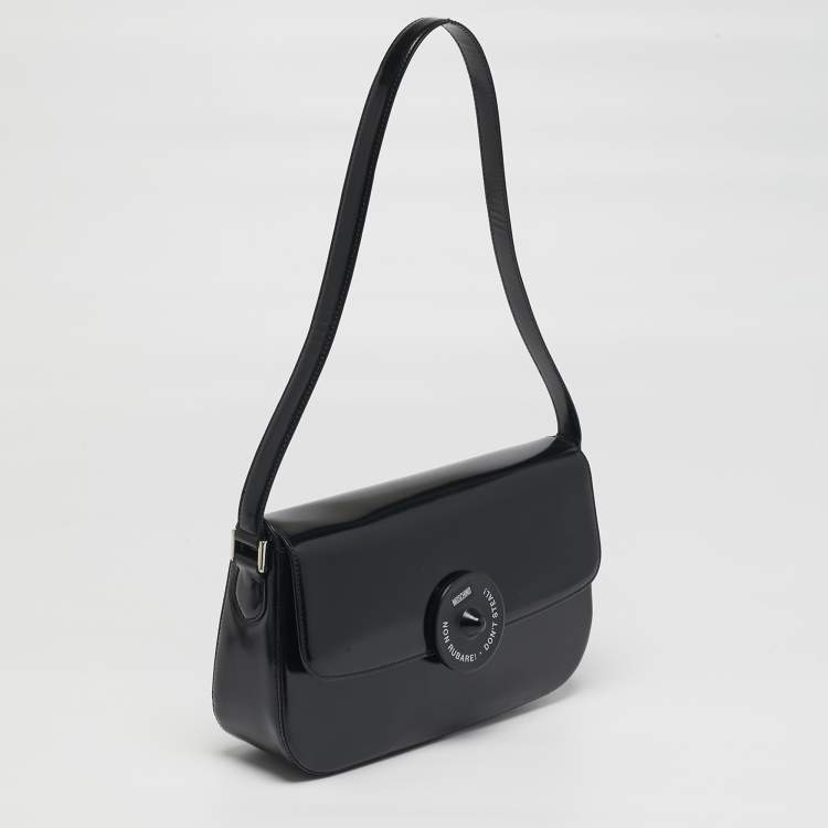 Pre Owned Moschino Black Glossy Leather Flap Shoulder Bag