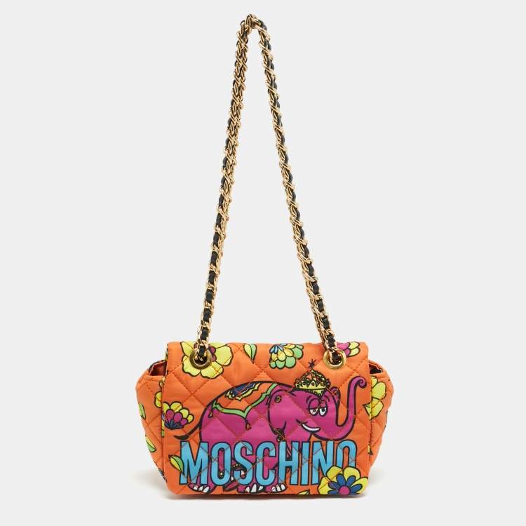 Pre Owned Moschino Elephant Crowned Multicolor Quilted Fabric Shoulder Bag
