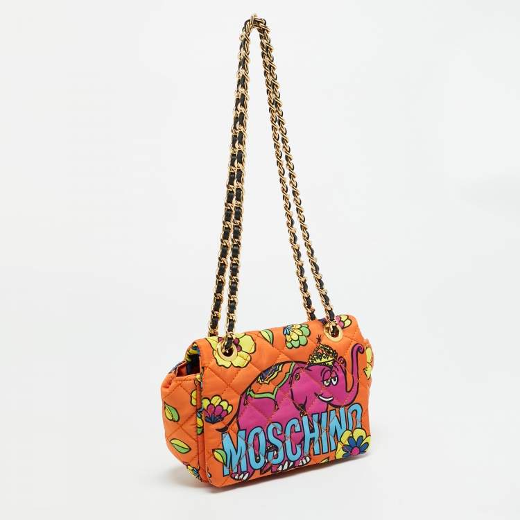 Pre Owned Moschino Elephant Crowned Multicolor Quilted Fabric Shoulder Bag