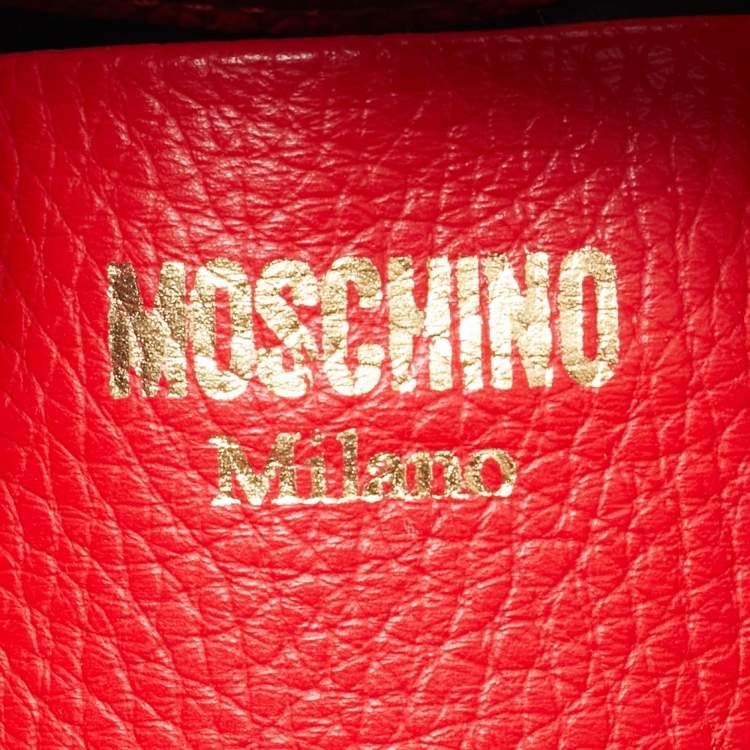 Pre Owned Moschino Logo Red Leather Drawstring Bucket Bag