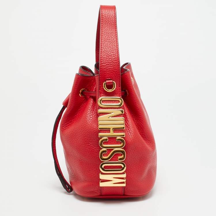 Pre Owned Moschino Logo Red Leather Drawstring Bucket Bag