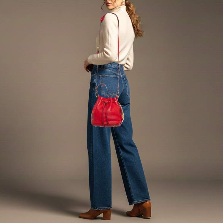 Pre Owned Moschino Logo Red Leather Drawstring Bucket Bag