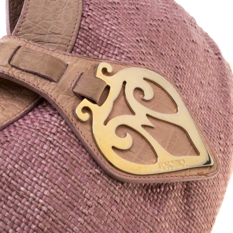 Pre Owned Moschino Pink/Beige Jute and Leather Hobo
