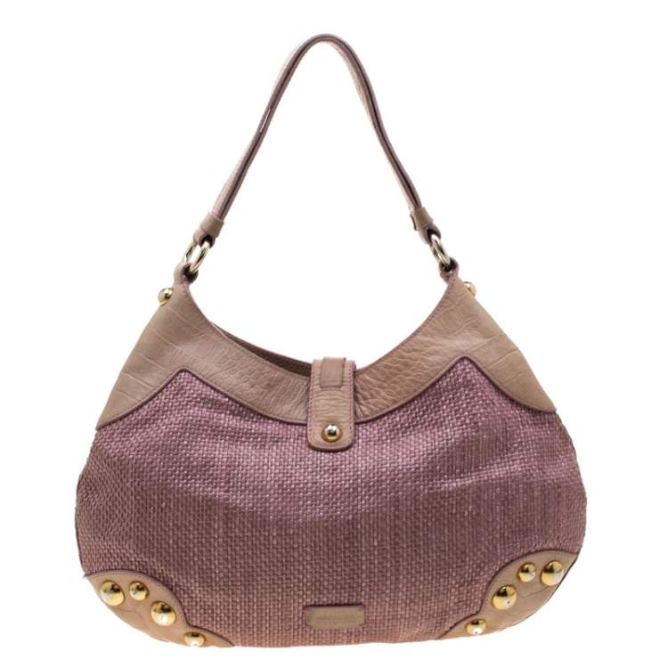 Pre Owned Moschino Pink/Beige Jute and Leather Hobo
