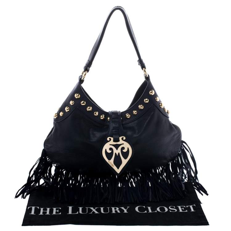 Pre Owned Moschino Navy Blue Leather Studded Fringe Hobo 