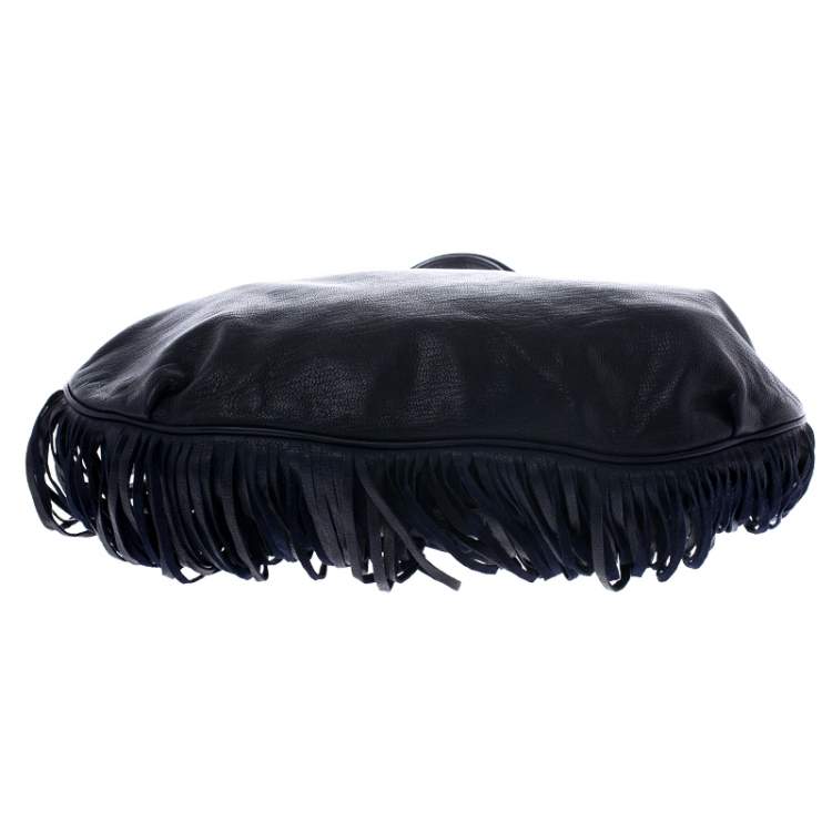 Pre Owned Moschino Navy Blue Leather Studded Fringe Hobo 