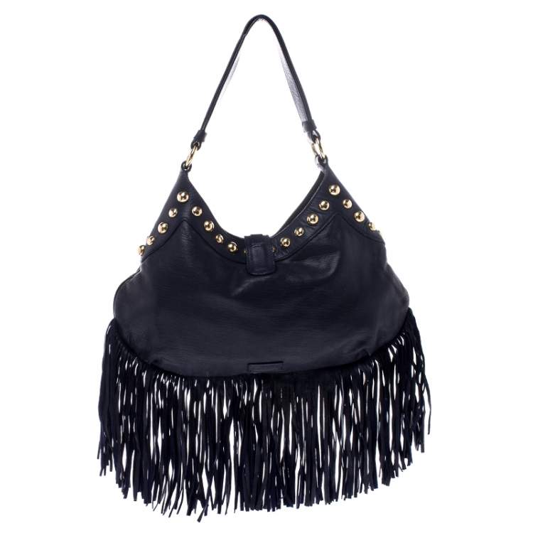Pre Owned Moschino Navy Blue Leather Studded Fringe Hobo 