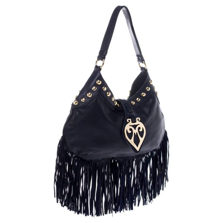 Pre Owned Moschino Navy Blue Leather Studded Fringe Hobo 